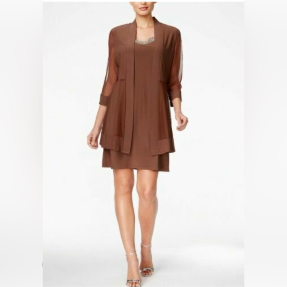 R & M Richards Embellished Women’s Dress & 3/4-Sleeve Jacket Brown